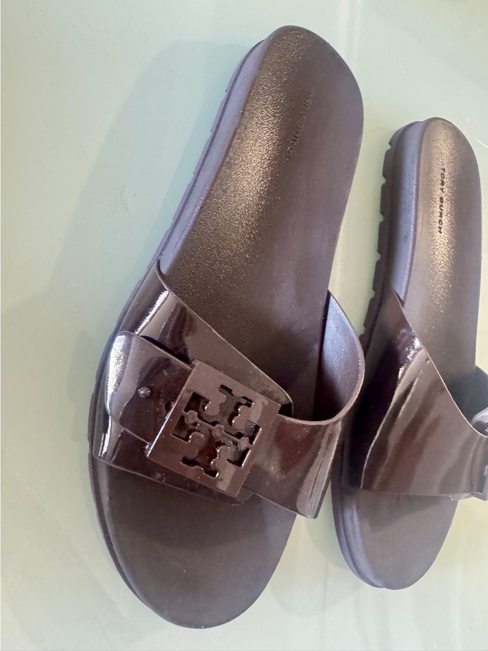 Tory Burch Dark Brown Logo Gloss Mellow Slide Sandals - Picture 10 of 17